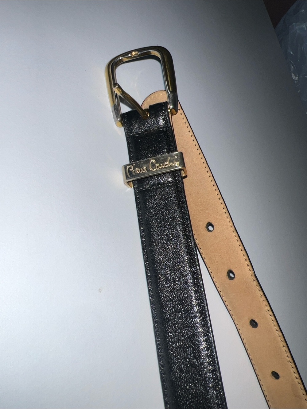 Vintage-Pierre Cardin Black Leather Belt with Gold Logo Accent